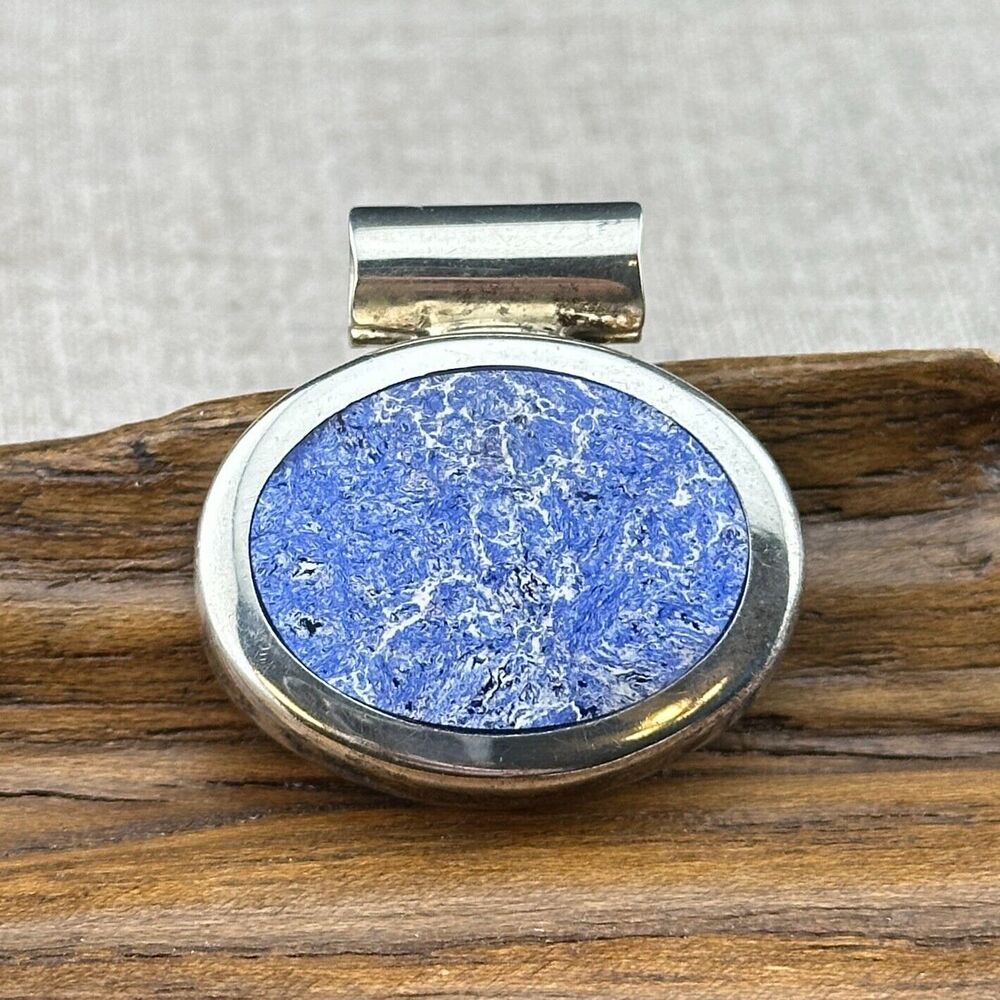 Vintage Mexico ATI Unique Natural Blue Stone 925 Silver Oval Pendant 12.4 g